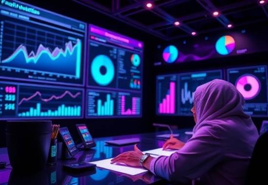 meticulous SEO analytics, curious, evaluating performance charts, photorealistic, high-tech conference room with holographic displays, highly detailed, shifting graphs and pie charts, ISO 400, F/2.8, rich purples and cyans, diffused spotlight, shot with a Sigma 24-70mm f/2.8 DG OS HSM Art lens.