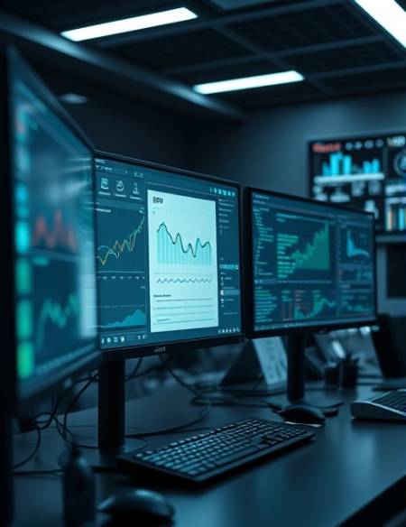 advanced SEO tools, focused, adjusting digital metrics, photorealistic, sleek tech workbench with multiple monitors, highly detailed, digital interface glow, ISO 200, F/2.2, cool grays and blacks, soft backlighting, shot with a Nikon AF-S DX NIKKOR 18-55mm f/3.5-5.6G VR lens.