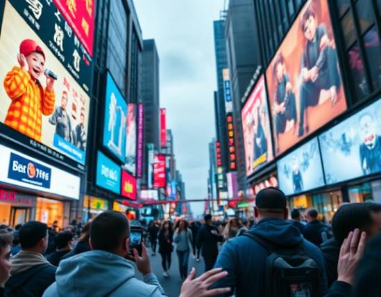 dynamic digital advertising, enthusiastic expression, capturing audience attention, photorealistic, urban setting featuring bustling billboards, highly detailed, animations coming to life, 8K resolution, vibrant electric hues, neon lighting, shot with a 50mm lens.