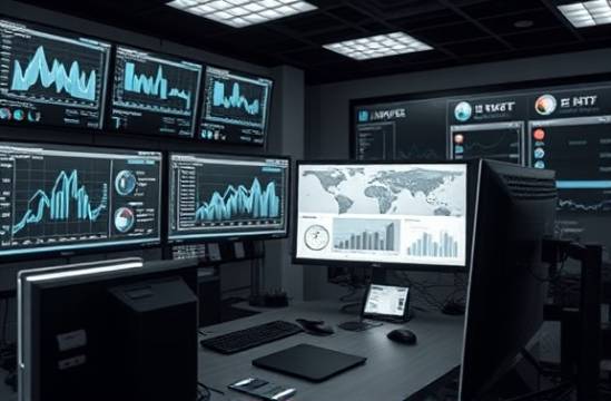 comprehensive digital analytics, analytical expression, measuring campaign performance, photorealistic, tech-savvy office with multiple monitors, highly detailed, data streams visualizing, crisp high definition, monochrome with data highlights, LED-focused lighting, shot with a 100mm lens.