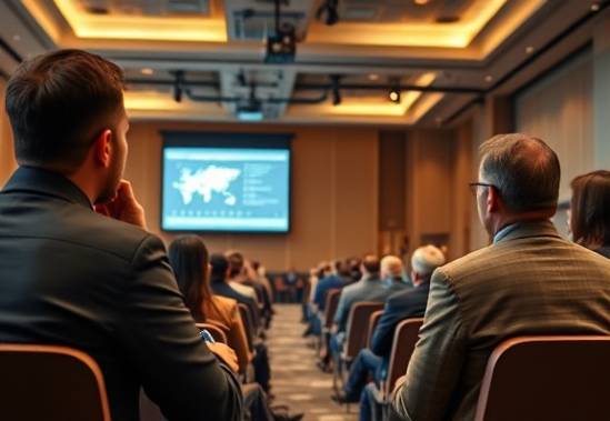 strategic digital outreach, thoughtful expression, engaging diverse networks, photorealistic, spacious conference room with digital screens, highly detailed, interactive audience feedback, high dynamic range imaging, earthy and metallic tones, natural daylight, shot with a 24mm lens.