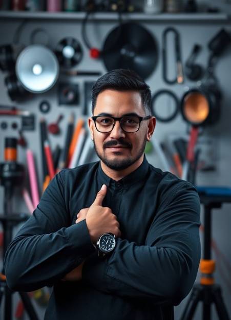 modern digital branding, confident expression, designing compelling visuals, photorealistic, creative studio filled with design tools, highly detailed, brand elements in motion, macro photography depth, pastel and black combination, softbox lighting, shot with a 85mm lens.